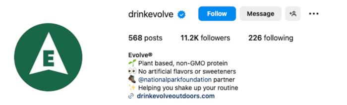 Plant-based beverage brand Evolve's Instagram bio clearly indicates what the brand stands for, includes emojis and a link to their website.
