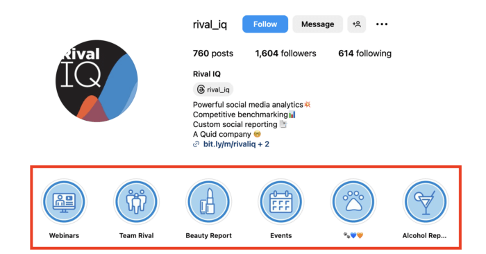 Rival IQ's Instagram bio with the Instagram Stories highlights outlined in red.