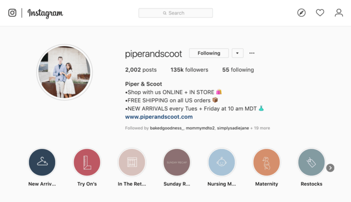 Piper and Scoot's use of Instagram Stories Highlights