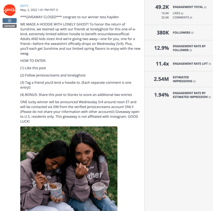 Instagram post from Jeni's featuring two women smiling and eating ice cream is an example of strong Health food social media