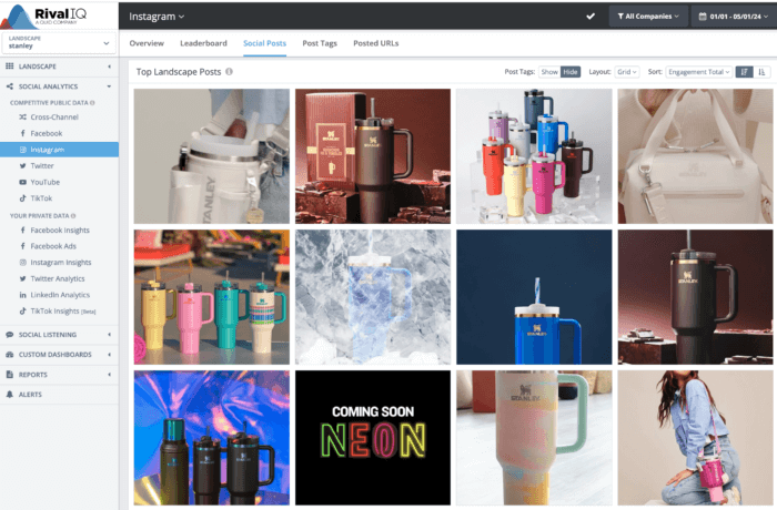 Stanley's top Instagram posts from January 2024 to April 2024 sorted by engagement total seen in Rival IQ's grid view displays a visual mostly of Stanley's Quencher Tumblers in eye-catching colors.