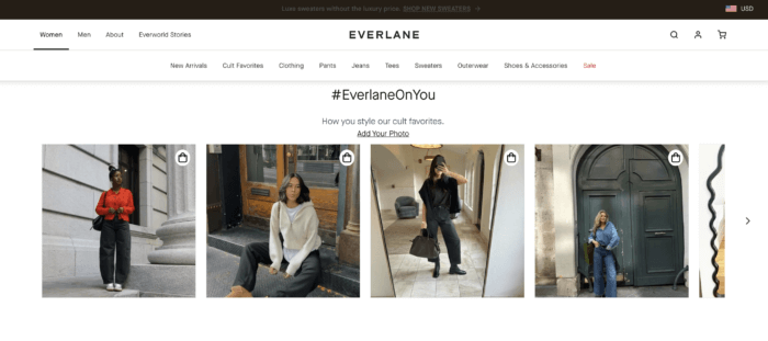 Everlane's user-generated content gallery featuring customers showcasing Everlane clothing, part of the #EverlaneOnYou campaign.