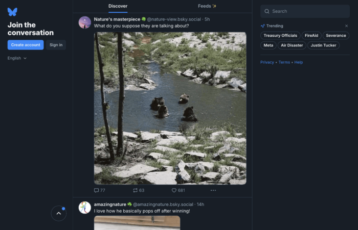 A post by Nature's Masterpiece showing three bears sitting in a river, captioned "What do you suppose they are talking about?" with 77 comments, 63 reposts, and 681 likes.
